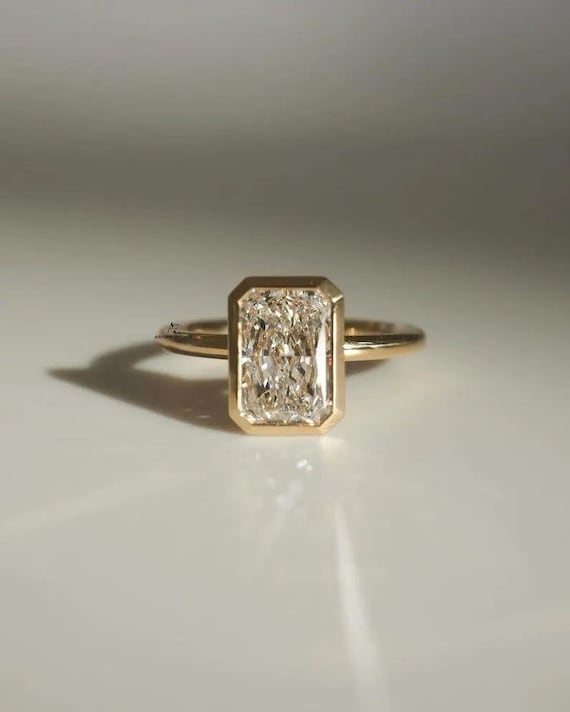 2.00 CT Radiant Cut Lab Grown Diamond Engagement Ring IGI Certified 14K Yellow Gold Bezel Set Solitaire Ring