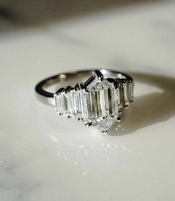 1CT Hexagon Cut Lab-Grown Diamond Cluster Ring with Baguette Side Stones, Seven Stone Step Cut Custom Designer, Art Deco Style Handmade Ring