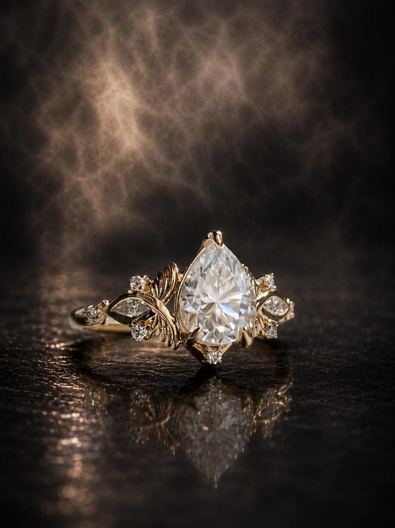 1 Carat Pear LG-Diamond Yaara Butterfly Engagement Ring: Pear Lab Diamond, 14k Gold Floral Design Vintage Engagement Ring Butterfly Effect