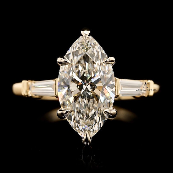 E Color VVS2 Clarity Marquise Cut 3.00 carat IGI Certified Lab Grown Diamond Three Stone Engagement Ring Side Baguettes Handmade of 14k Gold