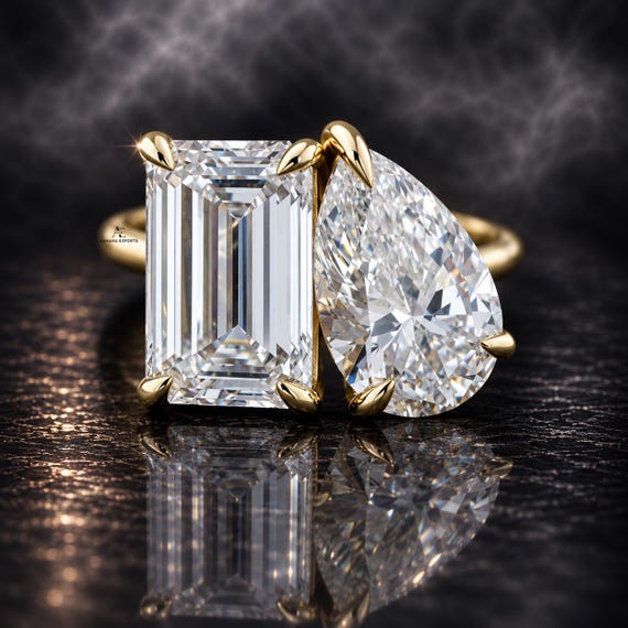 4 Ct Total Emerald & Pear Pair cut Lab-grown Diamond IGI Certified Diamond Crafted with Elegance | Toi Et Moi | Lab Grown | Proposal Ring.