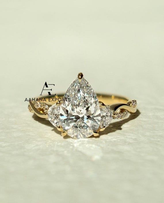 Three Stone Ring, Unique 2.00 Carat Pear & Half Moon Cut Lab Grown Diamond Engagement Ring 14K Solid Gold Twisted Pave Wedding Band for her.