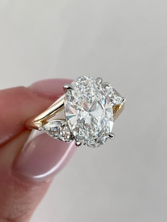 IGI Certified 5 Carat Carat Oval Cut Lab Created Three Stone Diamond Engagement Ring, Full Bezel Split Shank Ring, 14k Gold Ring for her.