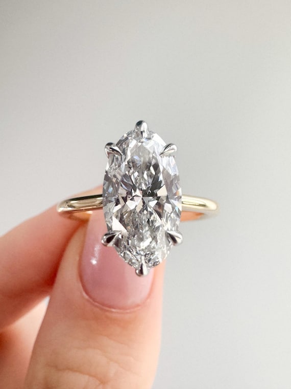4 Carat RARE Moval Lab Diamond Engagement Ring 18k Solid Gold Cathedral Setting Hidden Halo 6 Claw Prongs Ring Minimalist Stylish Ring