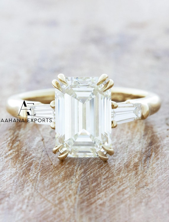 2 CT Emerald Cut Lab Diamond Engagement Ring • 14K White Gold • Tapered Baguette Accents • Wedding & Anniversary Gift