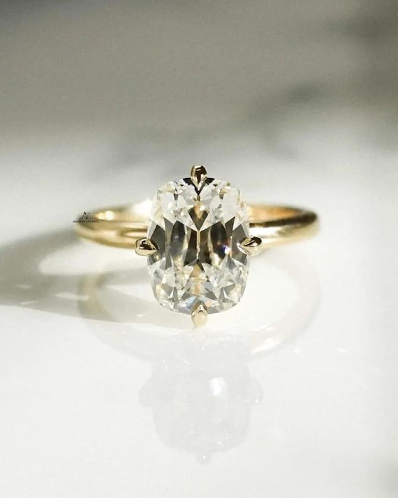 Old Mine 3.00 Ct Cushion Cut Lab-Grown Diamond Engagement Ring, Old Mine Cushion Cut Ring, Elongated Cushion, Solitaire Ring for Her