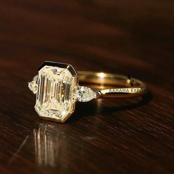 14k Solid Yellow Gold Solitaire | 3.0 CT Elongated Emerald Cut Lab-Grown | Half Bezel Set | Diamond Wedding Gifts For Her | Trends Setter