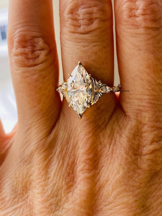 Vintage Marquise Lab-Grown Diamond Fairy Engagement Ring Flower Wedding Ring Handmade Natural Inspired Jewelry Promise Rings For Women