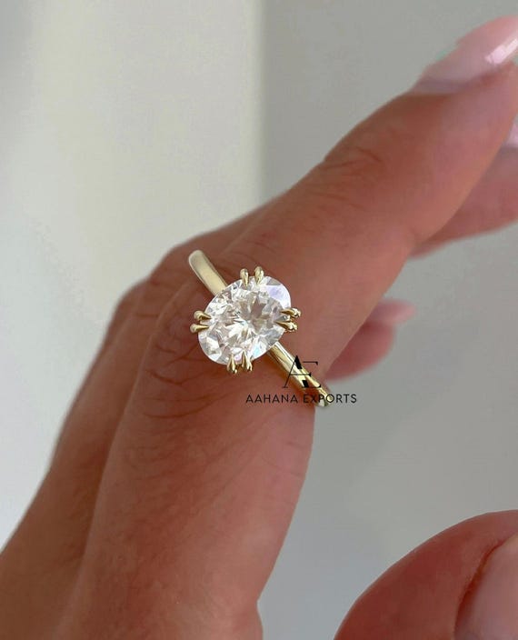 Hidden Halo Solitaire 2 CT Oval Cut Lab Grown Diamond Ring Solid Yellow Gold Engagement Ring Double Claws Prong Promise Gift Ring for her.