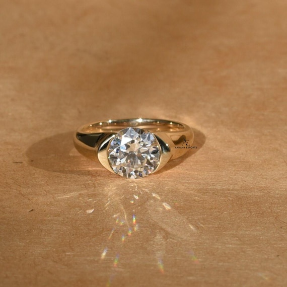 2.00 Carat IGI Certified E Color VVS2 Clarity Round Brilliant Ideal Cut Lab Grown Diamond Solitaire Ring, Half-Bezel Set 14k Solid Gold