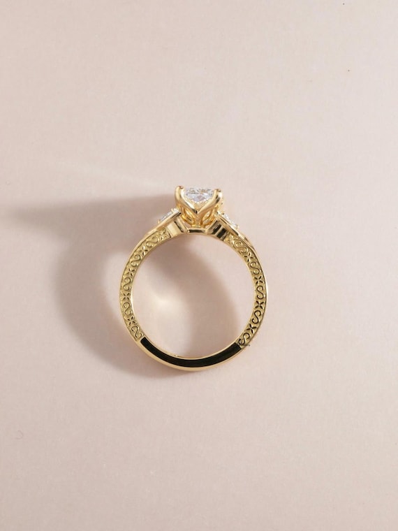 Engraved Radiant Cut Lab Diamond Engagement Ring Vintage Solid Gold Wedding Ring Unique Tulip Setting with Carved Bridal Ring Engraved band
