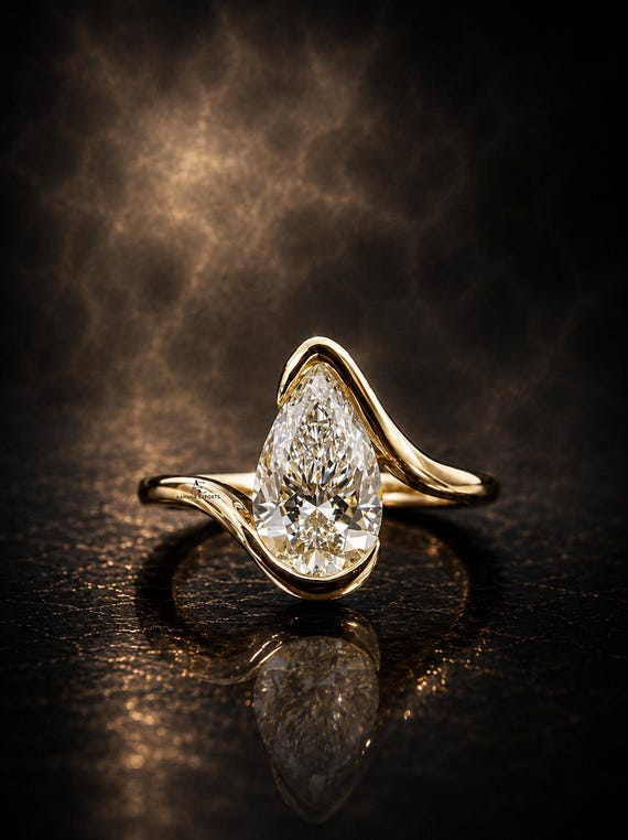 1 Carat IGI Certified Pear Shape Lab Grown Diamond Solitaire Hidden Halo Engagement Ring, Curve band, Half Bezel,10k, 14k, 18k Yellow Gold