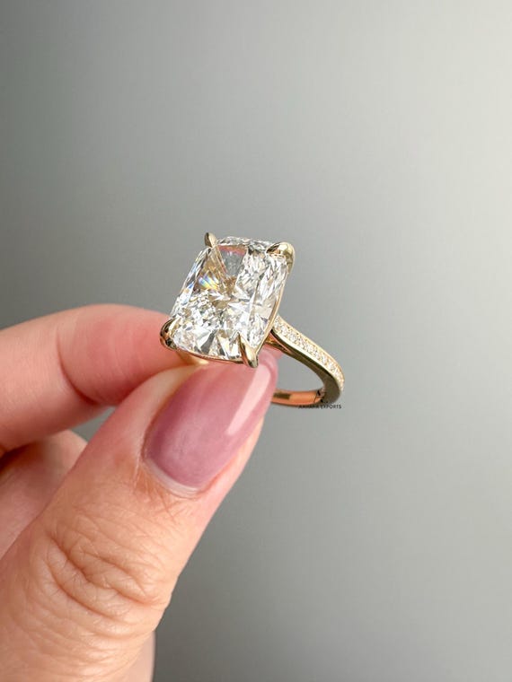 3 Carat Elongated Cushion Cut Engagement Ring, Lab Grown Diamond, IGI Certified, Channel Set Band, Round Side Stones, 4 Prong, 14K Gold Ring