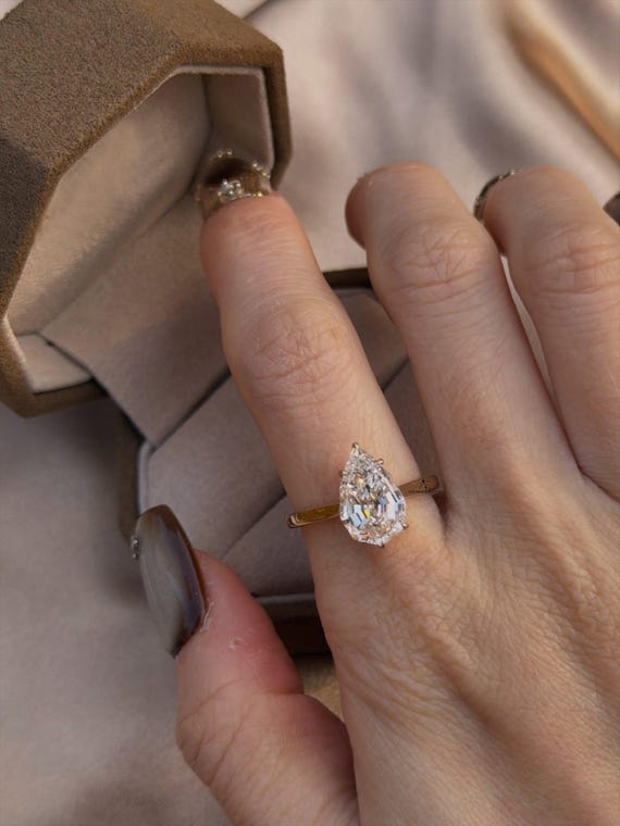 Antique Pear Lab Grown Diamond Engagement Ring, Pear Step Cut Diamond Bypass Set Wedding Ring for Women, Solid Gold Diamond Ring for Her.