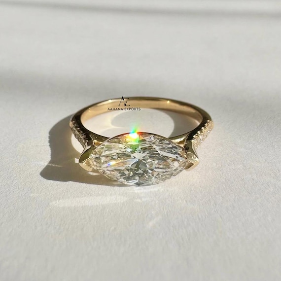 2.0 CT Lab Created Diamond Engagement Ring, Marquise Cut East To West Set Lab Grown Diamond Solitaire Ring, Half Bezel Setting