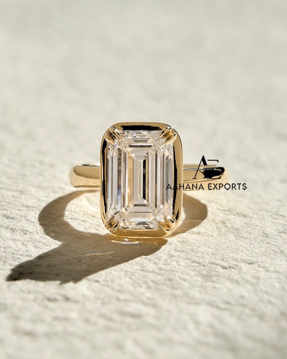 4 Carat Emerald Cut Lab Grown Diamond Ring / Emerald Lab Diamond Bezel Set Ring / Engagement Ring / Double Prong Solitaire 14KT Gold Ring.