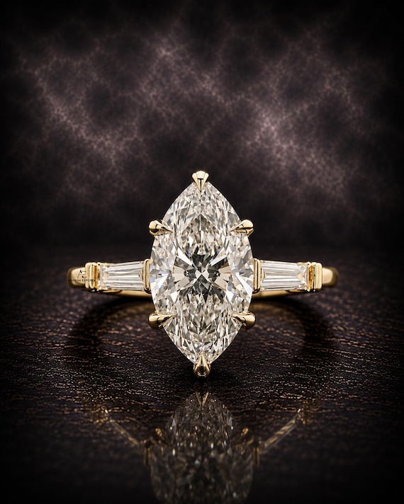 E Color VVS2 Clarity Marquise Cut 3.00 carat IGI Certified Lab Grown Diamond Three Stone Engagement Ring Side Baguettes Handmade of 14k Gold