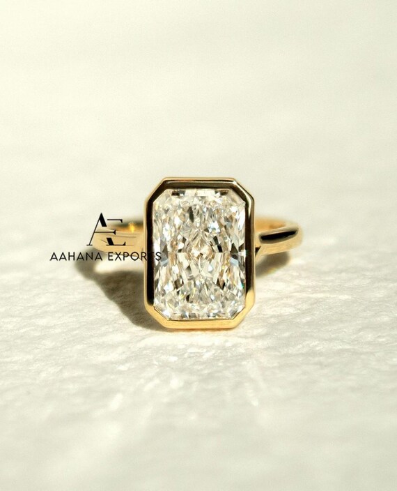 3.00 CT Crushed Ice Radiant Cut Lab-Grown Ring Bezel Set Solitaire Ring 14k Solid Yellow Gold Cathedral Band Wedding Gift Split Shank