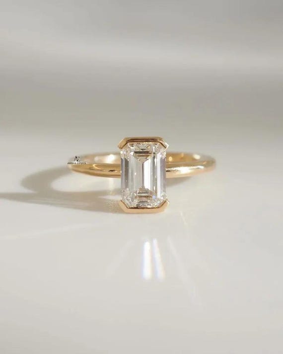 14K Gold Emerald Cut 2 Carat Lab Diamond Half-Bezel Ring Minimalist Bridal Ring