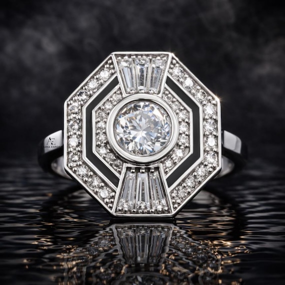 Art Deco Octagon Halo Engagement Ring, 1.00 Carat Round Bezel Set Lab Grown Diamond Ring, Vintage Geometric Baguette Ring, Solid Gold Gift
