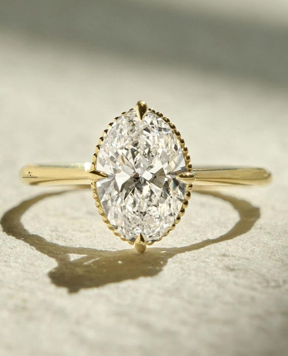 3 Carat Oval Cut Lab Grown Diamond Engagement Ring / Lab Diamond Solitaire Wedding Ring / Millgrain Hidden Halo Unique Valentine Gift