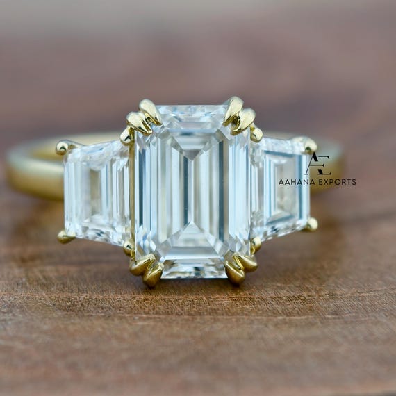 3.00 Carat Lab Grown Emerald Cut Diamond Engagement Ring, Three Stone Ring, Side Step-Cut Trapezoid Diamonds, Handmade in Tulip Setting
