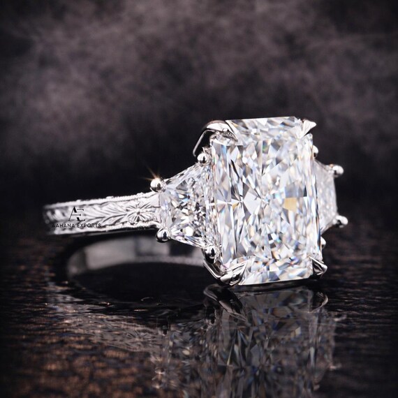 2.00 Carat Lab Grown Radiant Cut Diamond Engagement Ring: IGI Certified / Solid Gold / Vintage Engraved Band Side Trapezoid Three Stone Ring