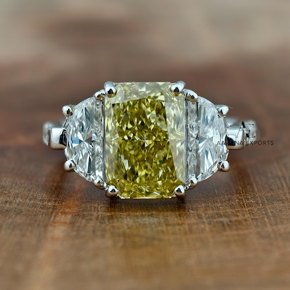 4.00 CT Fancy Vivid Yellow Radiant Cut Diamond Engagement Ring IGI Certified – Half-Moon Side Diamonds – 14K White Gold Ring for her.