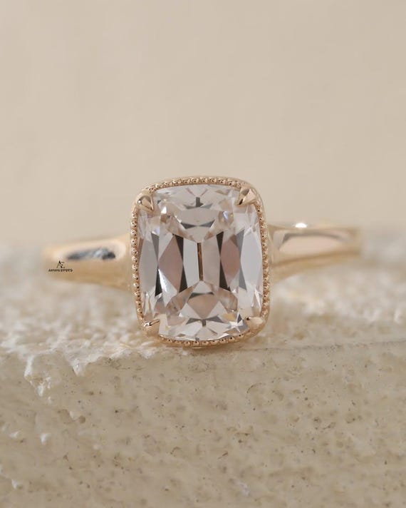 Elongated Cushion Lab-Grown Diamond Milgrain Bezel Ring, Old Mine Cut Diamond Ring, 10k Yellow Gold Cathedral, Vintage Style, Old Money Ring