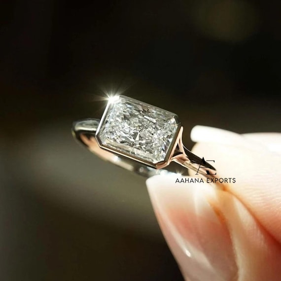 East West Radiant Cut Full Bezel Set Ring 3 CT Radiant Cut Lab Grown Engagement Ring Classic Solitaire East to West Diamond Wedding Ring.