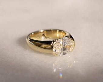 2 CT Oval Lab Grown Diamond Ring / Half Bezel Engagement Ring /10K, 14K or 18K Gold Solitaire Ring / East West Ring / Oval Engagement Ring