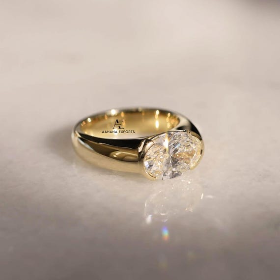 2 CT Oval Lab Grown Diamond Ring / Half Bezel Engagement Ring /10K, 14K or 18K Gold Solitaire Ring / East West Ring / Oval Engagement Ring