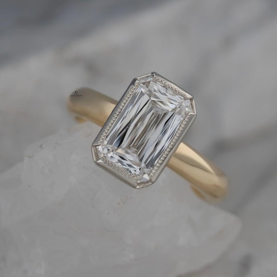 4 CT Criss cut Lab-Grown Diamond Engagement Ring , Full Bezel Milgrain Solitaire in 18K Gold, Minimalist Radiant Cut Inspired Wedding Ring.
