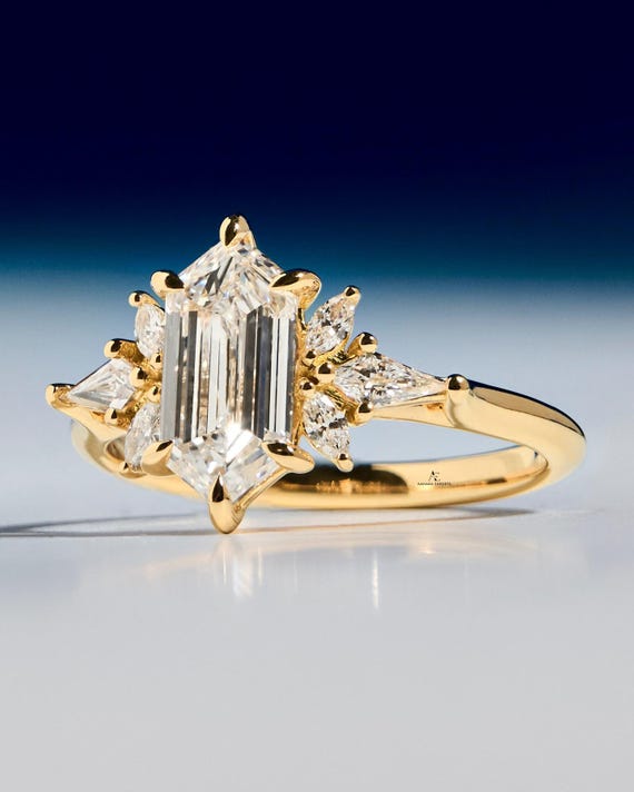 2CT Dutch Marquise Lab Grown Diamond Engagement Ring, Elongated Hexagon Diamond Ring, Kite & Marquise Cluster Ring, Unique Gold Bridal Ring.