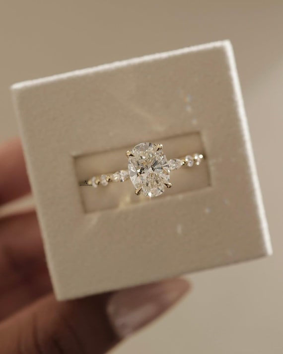 2.00Ct Oval Cut Lab Grown Diamond Engagement Ring, Side Marquise and Round Diamonds, Wedding Ring For Her, Dainty Anniversary Ring