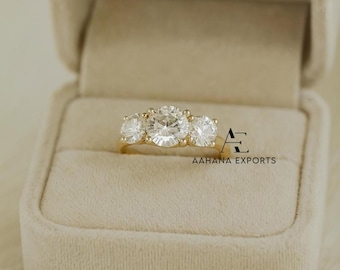 3つのダイヤモンドの婚約指輪、14K/18Kイエローゴールド、上品な3石 