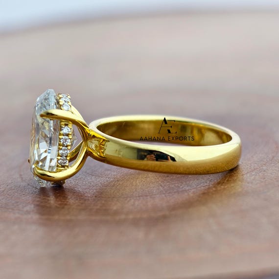 Certified 2.00 CT Lab Grown Diamond Ring, 3.00mm Cigar Band Oval Lab Diamond Engagement Ring, Hidden Halo Ring, Solid 18KT Yellow Gold Ring.