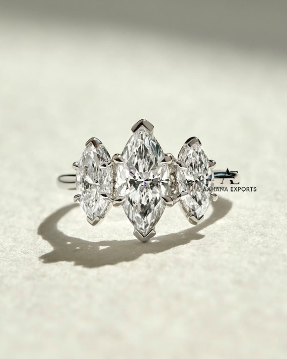 3 Stone Lab Grown Diamond Ring, Marquise Cut Lab Diamond Ring, Three Stone Engagement Ring, White Gold Ring, Anniversary Ring, Gift for Her.