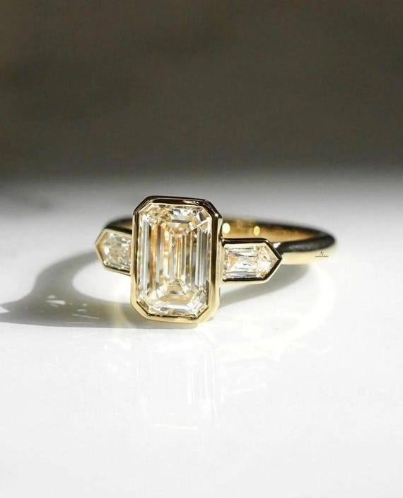 2.00 Ct Emerald Cut Lab-Grown Diamond Engagement Ring Emerald Cut Ring Lab-Grown Engagement Ring Three Stone Full Bezel Set Emerald Cut Ring
