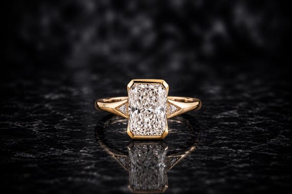 3.00 CT Crushed Ice Radiant Cut Lab-Grown Diamond Ring Half-Bezel Set Three Stone Ring 14k Solid Yellow Gold 2 MM Band Wedding Gift for Her