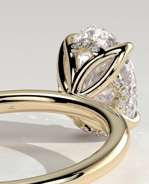 3 Carat Oval Cut Lab Grown Diamond Engagement Ring Solitaire Hidden Halo Cathedral Petal Set Prongs 14k Gold IGI Certified Lab-Grown Diamond