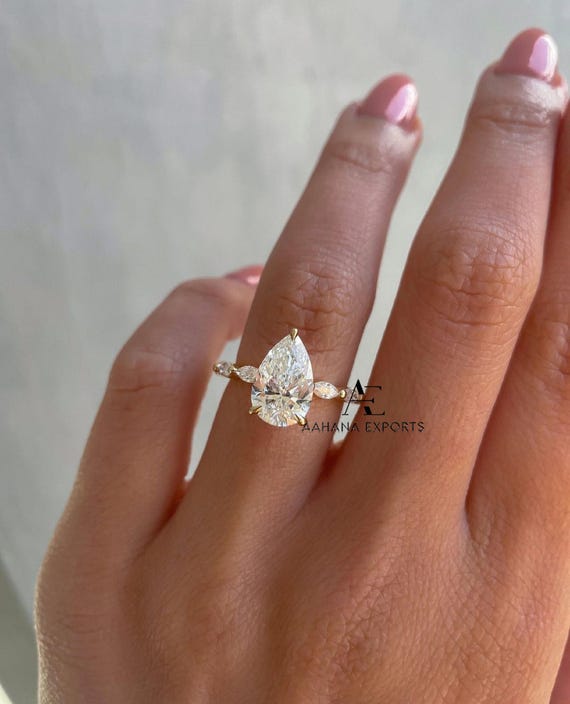 2 CT Pear cut Lab Grown Diamond Engagement Ring Hidden Halo Ring 14K Yellow Gold Marquise Side stone Anniversary Gift Wedding Ring for her