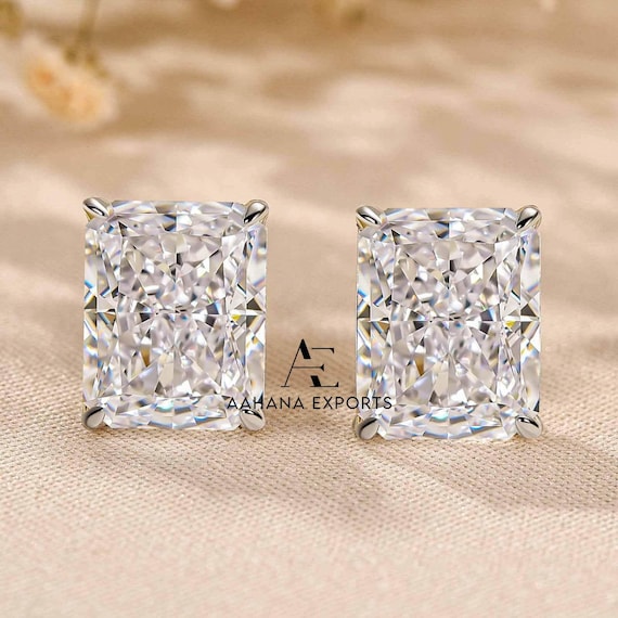 4 Carat Total Carat Weight Radiant Cut Lab-Grown Diamond Stud Earrings: Handmade Gold Solitaire Bridal Jewelry