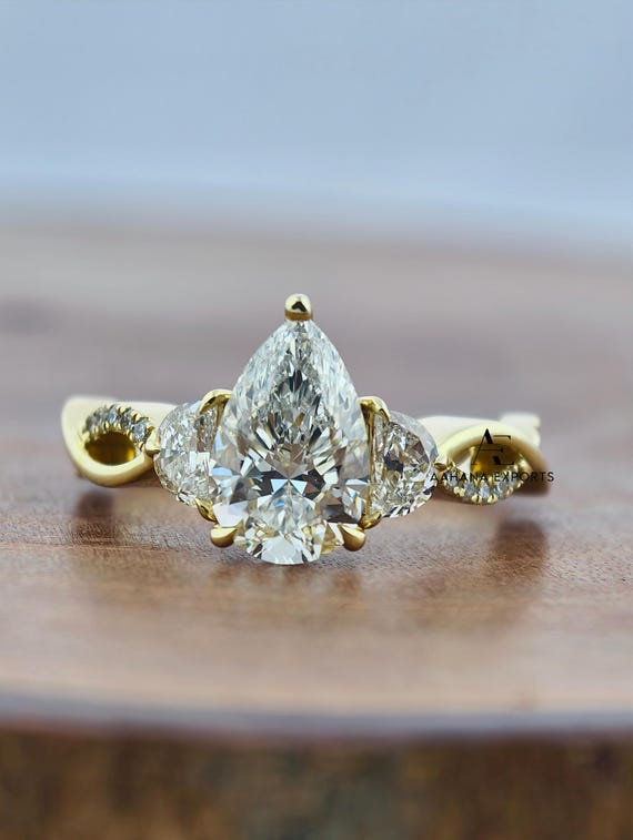 Three Stone Ring, Unique 2.00 Carat Pear & Half Moon Cut Lab Grown Diamond Engagement Ring 14K Solid Gold Twisted Pave Wedding Band for her.
