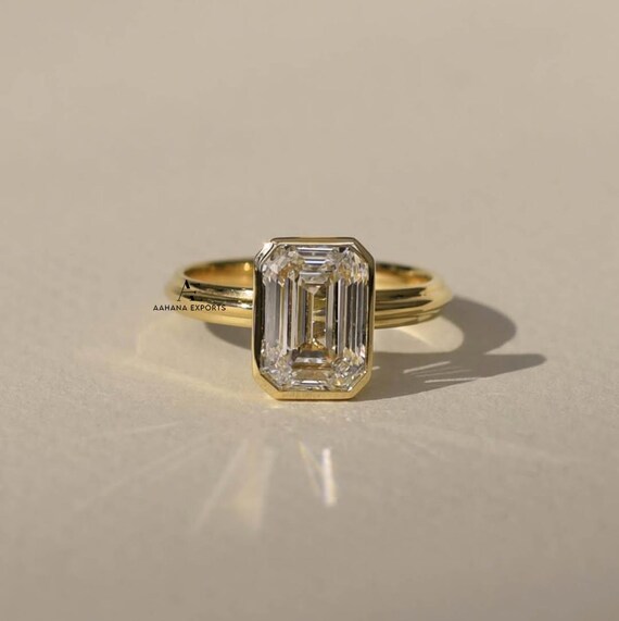 3 Carat Emerald Cut Lab Grown Diamond Engagement Ring | 14K Gold Bezel | IGI Certified