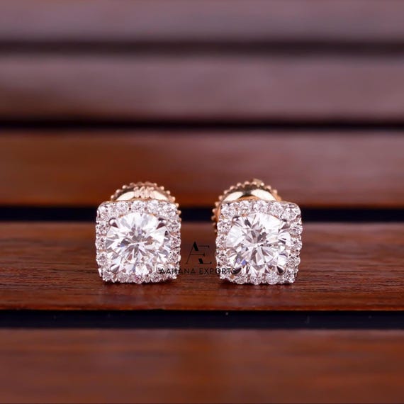 Round Diamond Earrings Round Diamond Halo Engagement Earrings Lab Grown Diamond Bridal Earring Wedding Everyday Earrings Push/Screw Back.