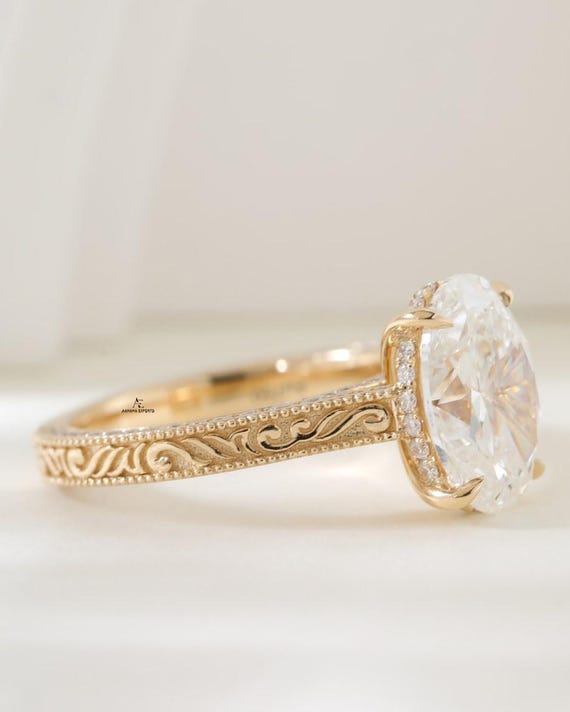 2 Carat Oval Cut Lab Grown Diamond Engagement Ring Yellow Gold Tulip Cathedral Ring Engraving Ring IGI Certified Ring Promise Ring for Women