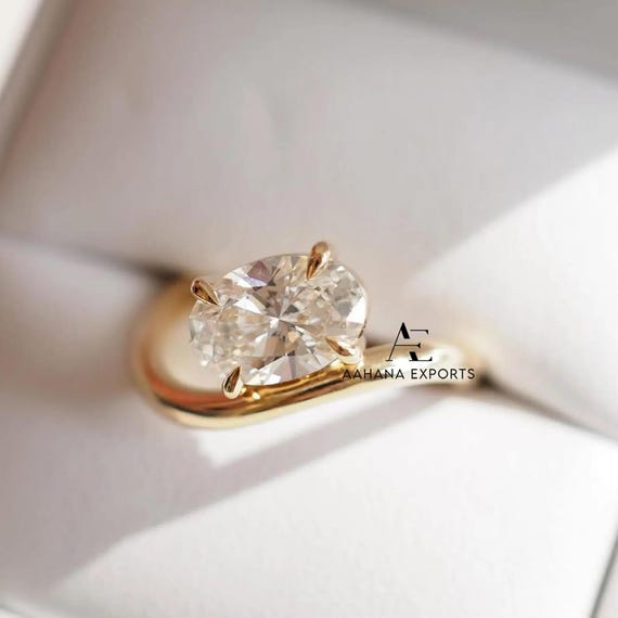 1 CT Oval Cut Diamond Ring with Hidden Halo | East West Engagement Ring | Unique Bridal Jewelry | Minimalist Wedding Ring for Her | Off Set