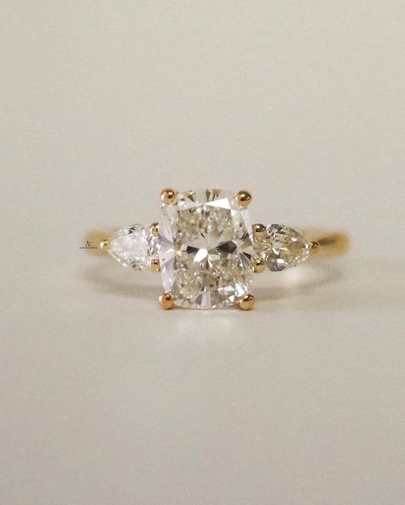Elongated Cushion Cut Diamond Engagement Ring, Three Stone Lab Grown Diamond Ring, Side Pear Cut, Trellis Setting, Anniversary Gifts for Her