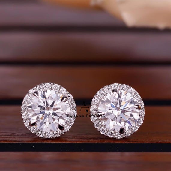 1.00 Carat Each Lab Grown Round Cut Diamond Halo Stud Earrings / 14kt White Gold Diamond Stud Earrings / Classic Lab Grown Diamond Earrings.